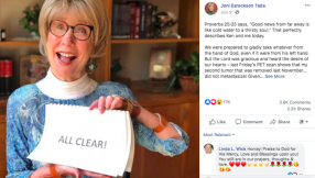 Joni Eareckson Tada thanks Jesus after being declared cancer free 