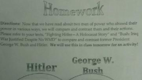 Teacher has students compare George W Bush to Adolf Hitler for homework