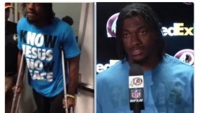 Washington quarterback Robert Griffin III made to turn \'Know Jesus Know Peace\' T-shirt inside out?