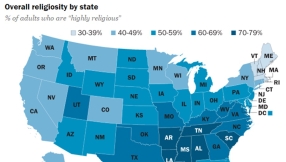 Alabama and Mississippi named as most religious states in U.S.; Massachusetts and New Hampshire least religious