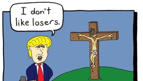 Donald Trump nailing Jesus on a cross appears in church\'s protest cartoon 